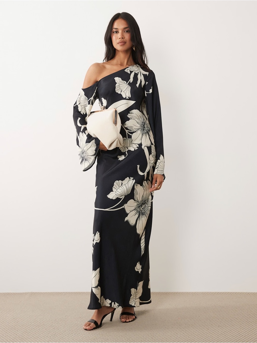 ASOS DESIGN fallen shoulder long sleeve column maxi dress in mono floral print